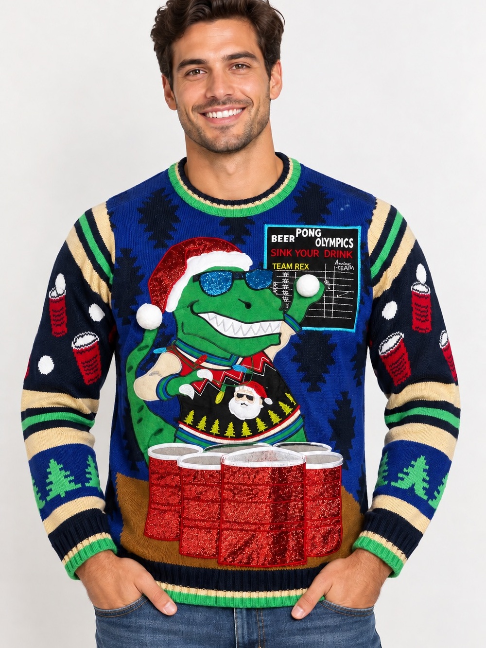 Blizzard Bay Men’s Ugly Christmas Sweater Beer Pong T-Rex Size Small cup holder